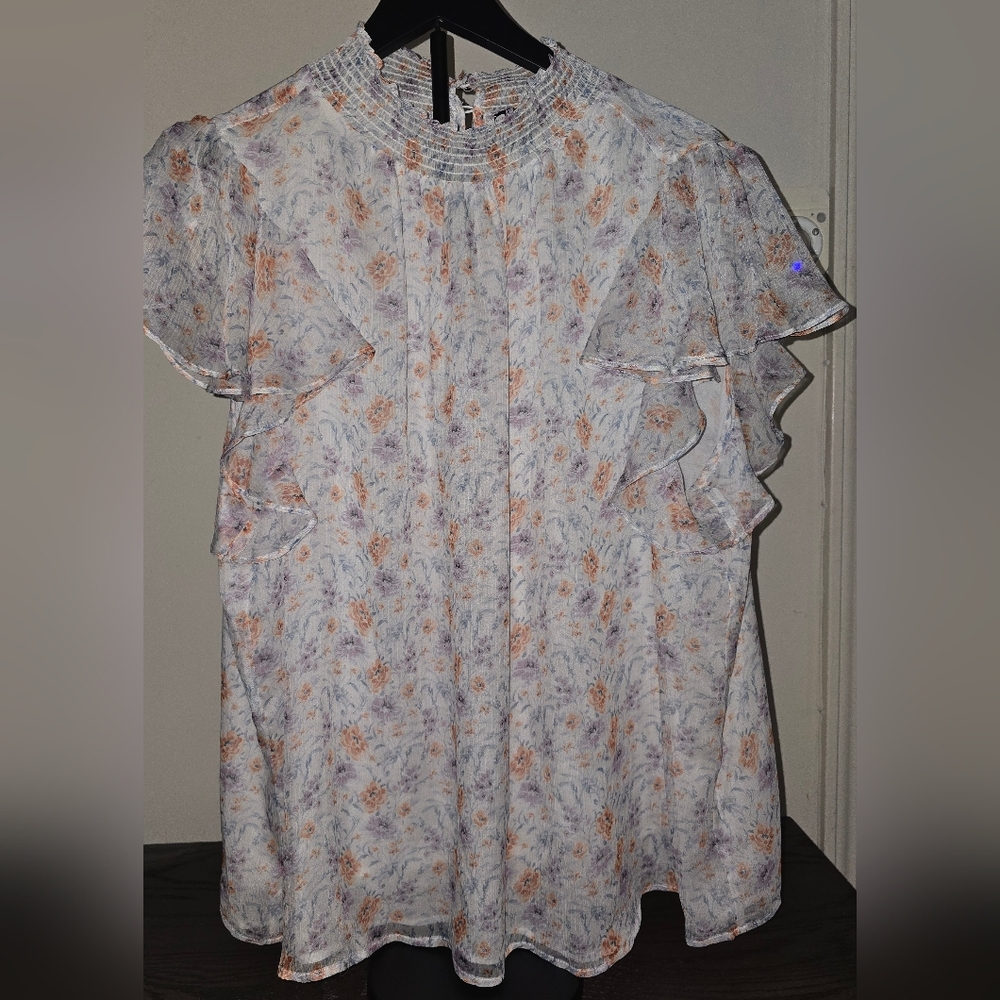 1. State Floral Ruffle Sleeve Blouse - White and Orange